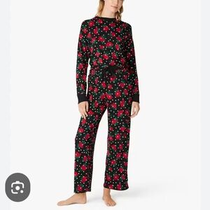 Kate Spade Knit Floral Pajama Set Red Roses Small Long Sleeve Wide Leg
